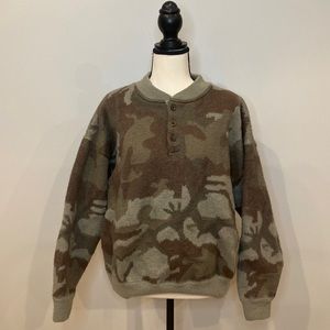 Womens wool blend camouflage crew neck button front sweater